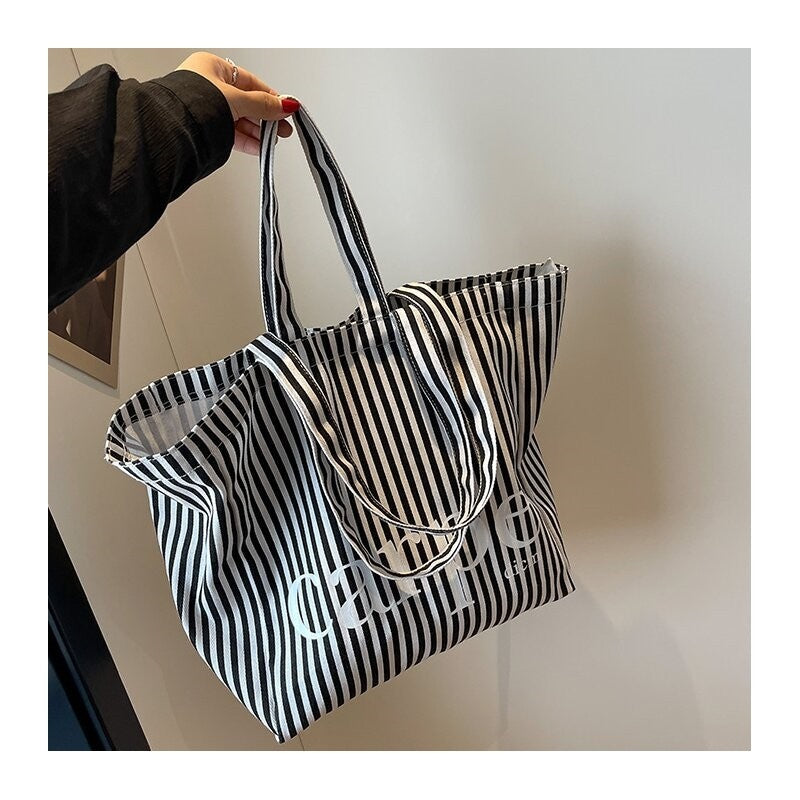 Striped Letter Canvas Tote Bag with Large Capacity