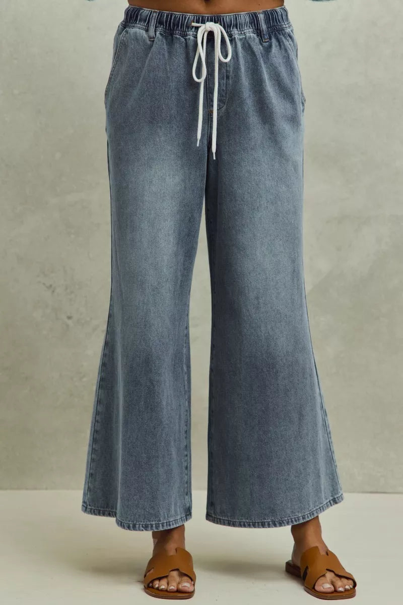 Mid Rise Elastic Waist Flare Denim Jeans