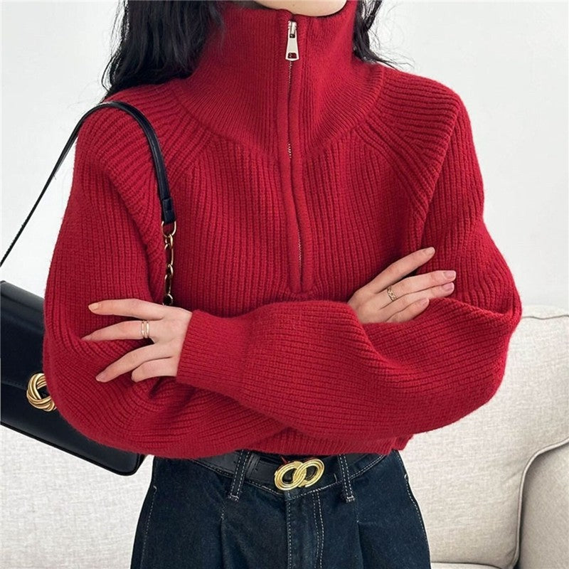 Solid Color Half-Zip Oversized Batwing Sleeve Sweater