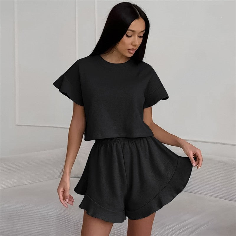 Solid Color Knit Short Sleeve Shorts Pajama Set