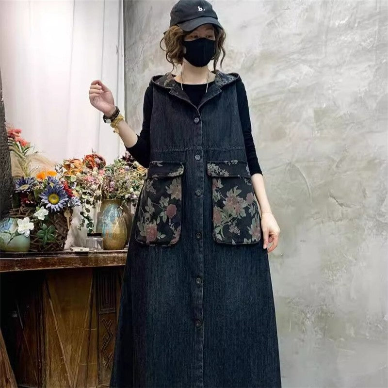 Sleeveless Denim Vest With Hood And Floral Print