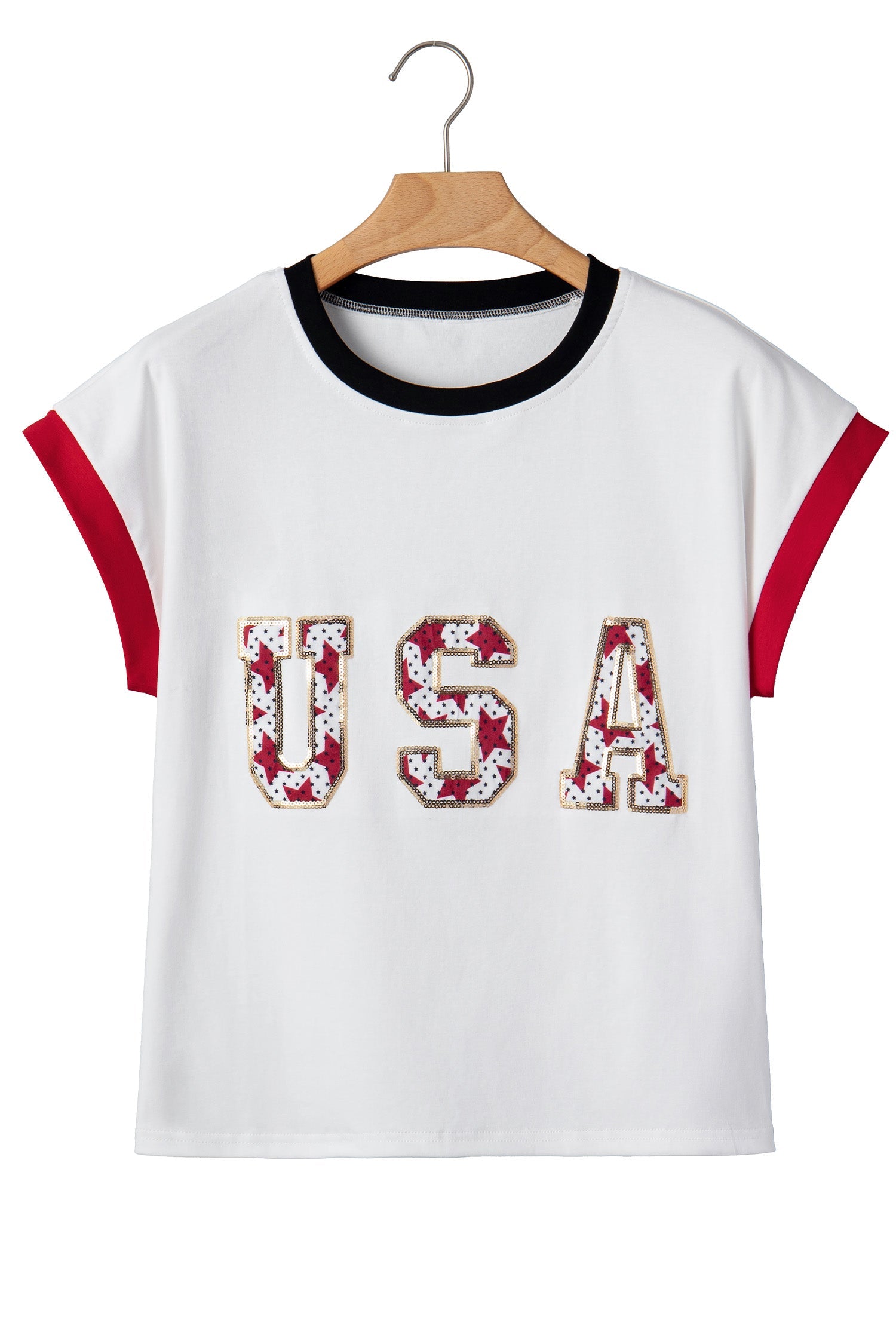White USA Sequin Color Block Trim Loose T Shirt