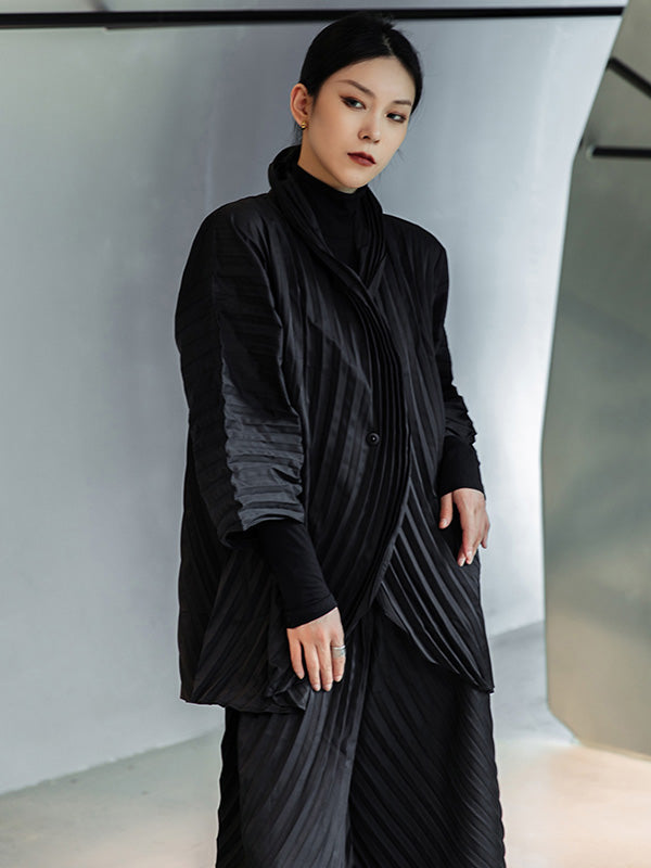 Urban Solid Color Pleated Outerwear&Pants Two Pieces Set