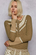 Ribbed Half Button Lace Detail Knit Top