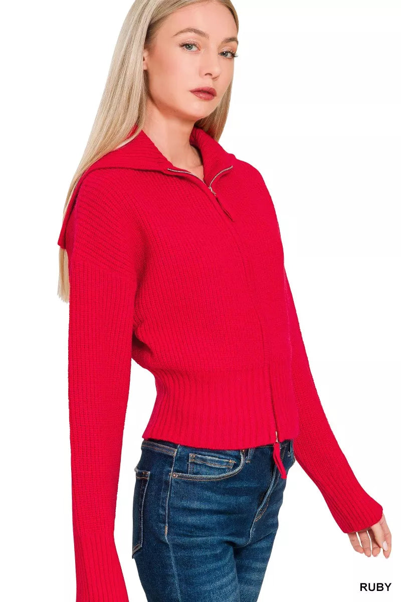 Ribbed Collared Zip Up Sweater Cardigan