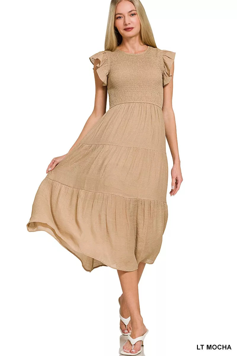 Woven Smocked Ruffle Sleeve Midi Dress