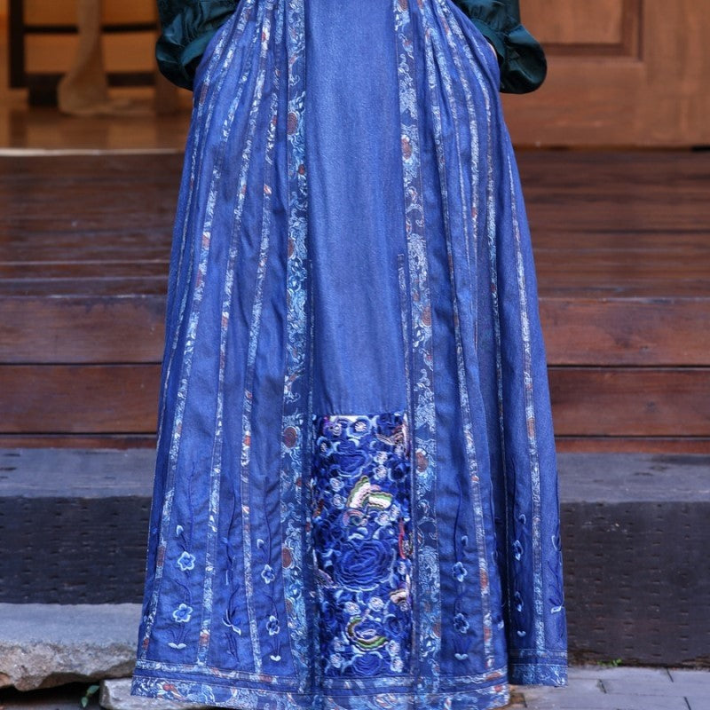 Vintage Denim Midi Skirt with Intricate Embroidery