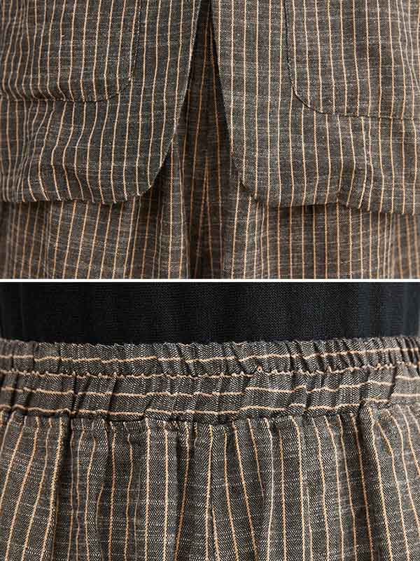 Vintage Ramie Cotton Notched Collar One Button Suits+Column Pants 2 Pieces Set