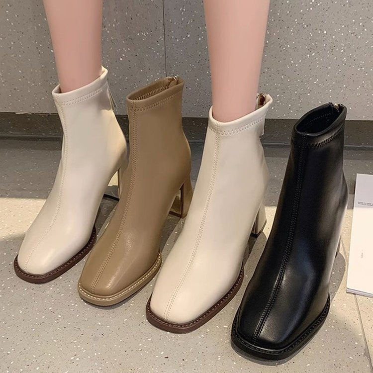 Women's Chunky Heel Ankle Boots – Back Zipper Round Toe Block Heel Booties in Khaki, Beige & Black