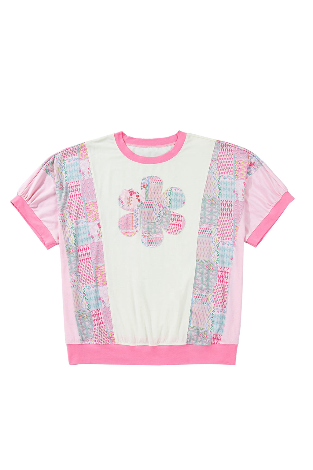Beige Plus Size Floral Patchwork Short Sleeve Patch Embroidery Cotton T Shirt