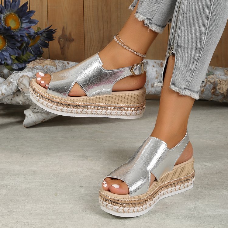 Women's Shiny Hollow Wedge Sandals - Fish Mouth Peep Toe Buckle Strap Summer Shoes