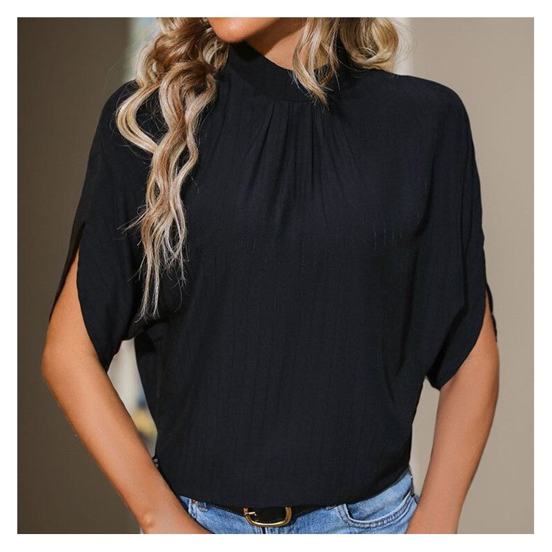 Chic Stand Collar Batwing Sleeve Black Blouse