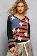 Double Gauze American Flag Patch V-Neck Long Sleeve T-Shirt