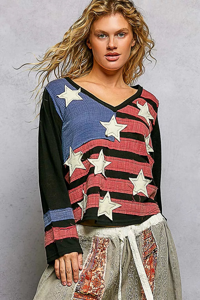 Double Gauze American Flag Patch V-Neck Long Sleeve T-Shirt