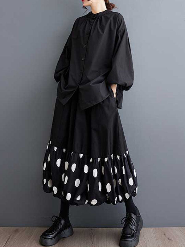 Loose Nine-Minute Sleeve Buttoned Hollow Pleated Solid Color Round-Neck Blouses&Shirts Tops