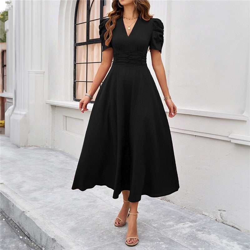 Chic Solid Color Waist-Cinched Dress