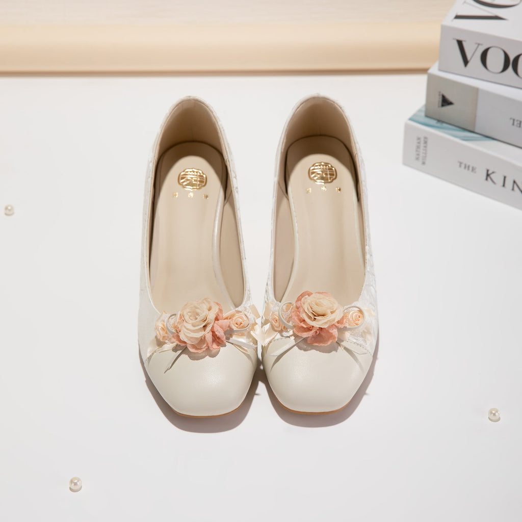 Women's Floral Block Heel Pumps | Square Toe Jacquard Dress Shoes