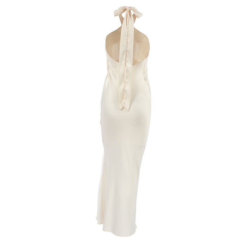 Halterneck Backless Slit Long Party Dress in Solid Color