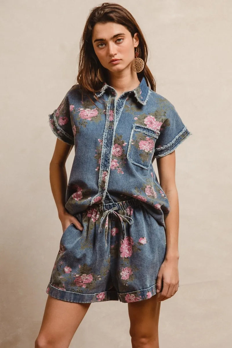 Floral Printed Denim Short Pants With Pocket