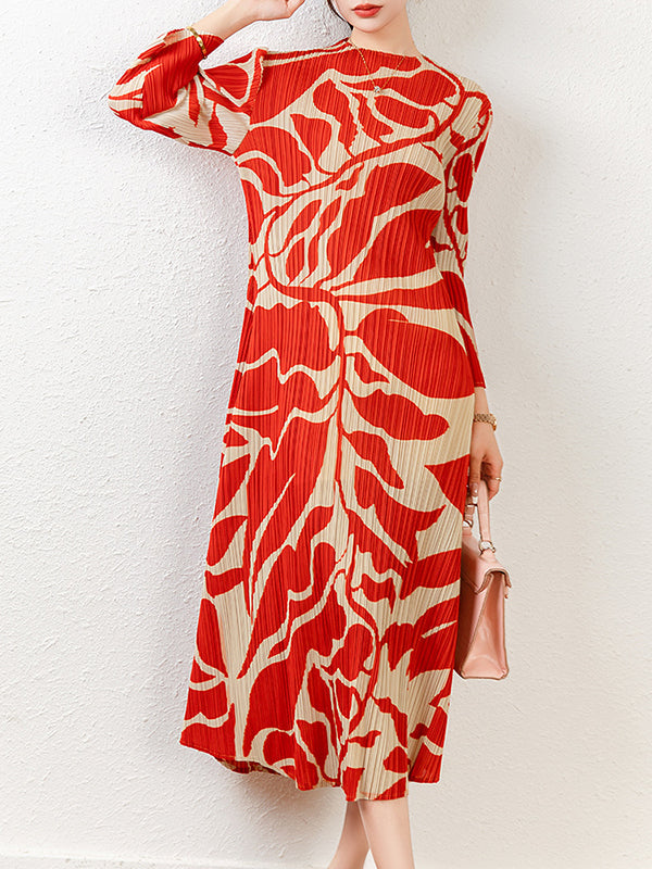 Fashion Floral Printed Pleated Long Sleeves Midi Dress
