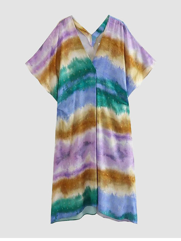 Loose Raglan Sleeve Printed V-neck Maxi Dresses