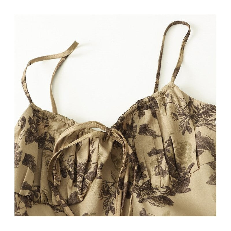 Floral Ink Print Strappy Waist-Tie Cami Dress