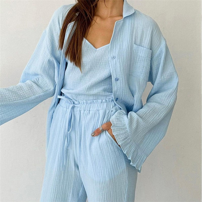 Solid Color Three-Piece Lounge Set: Spaghetti Strap Tank Top, Long Sleeve Lapel Blouse, and Pants