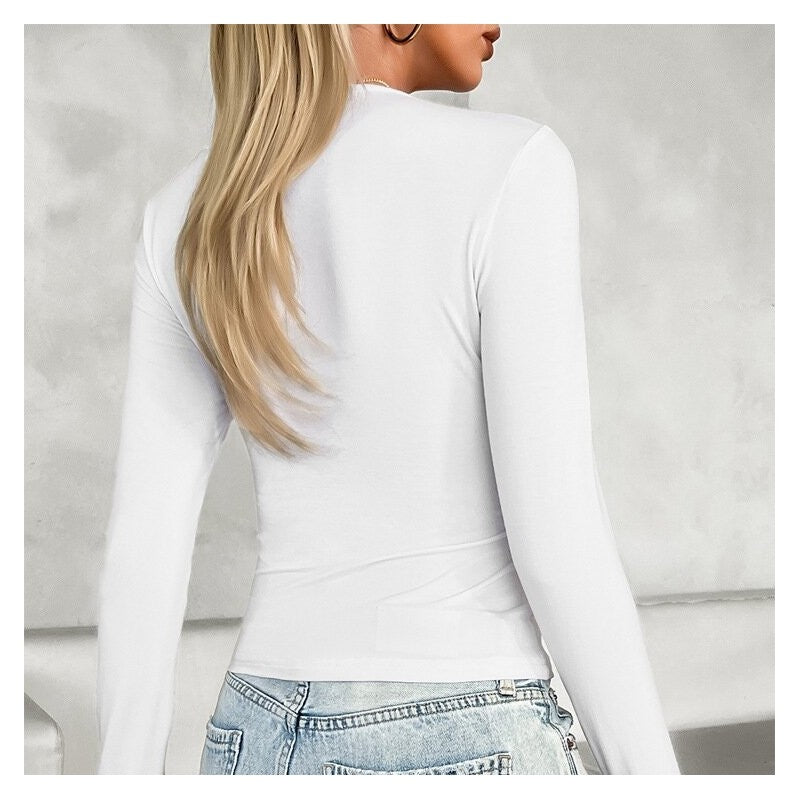 Casual V-Neck Slim Fit Long Sleeve Top - Solid Color