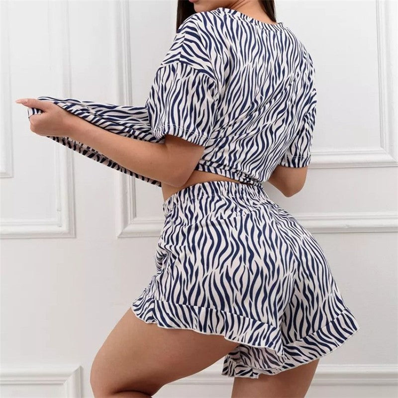 Leaf Print Hem Short Sleeve Pajama Set