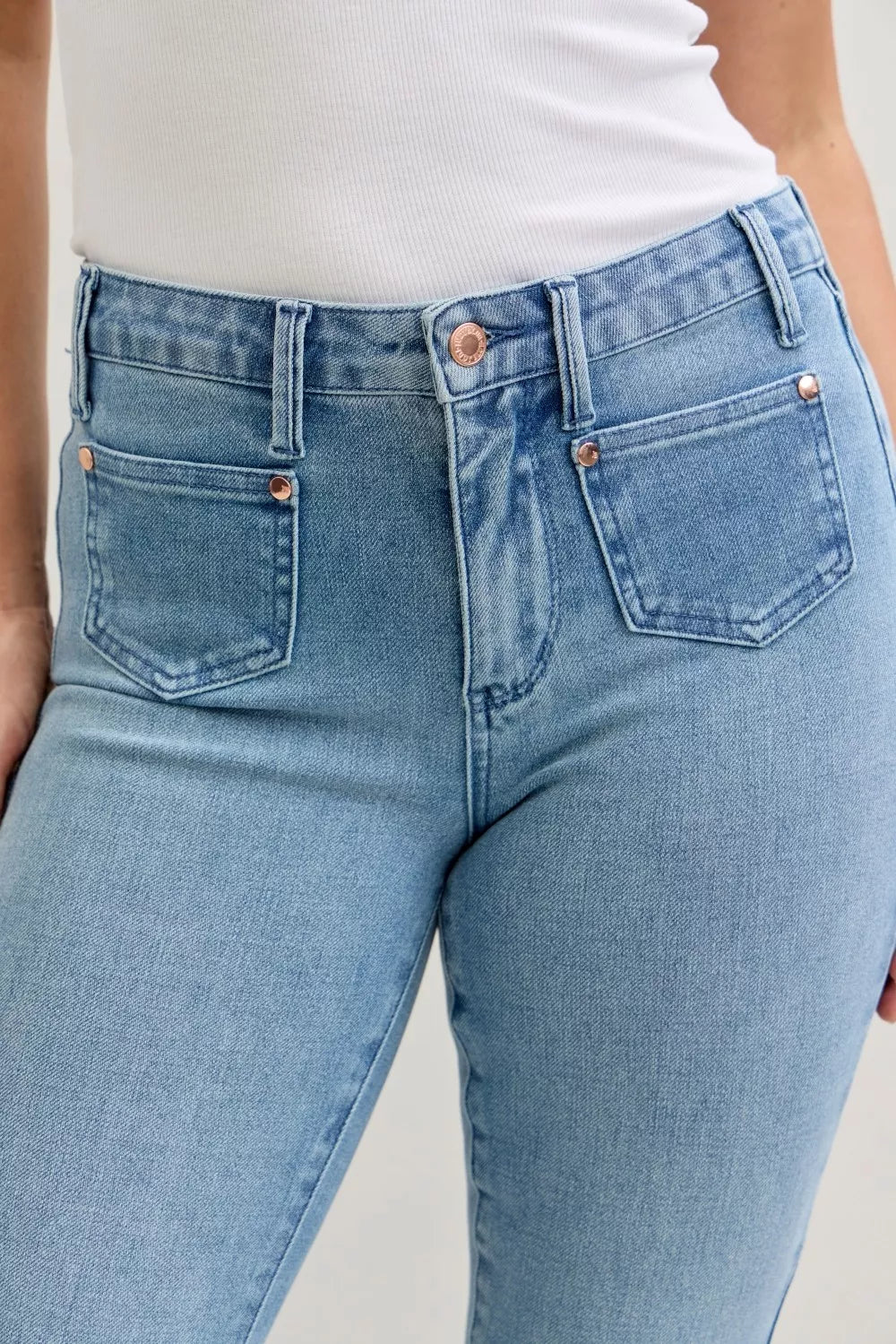 Full Size Mid Rise Bootcut Jeans with Contrast Wash & Front Patch Pockets Plus Size