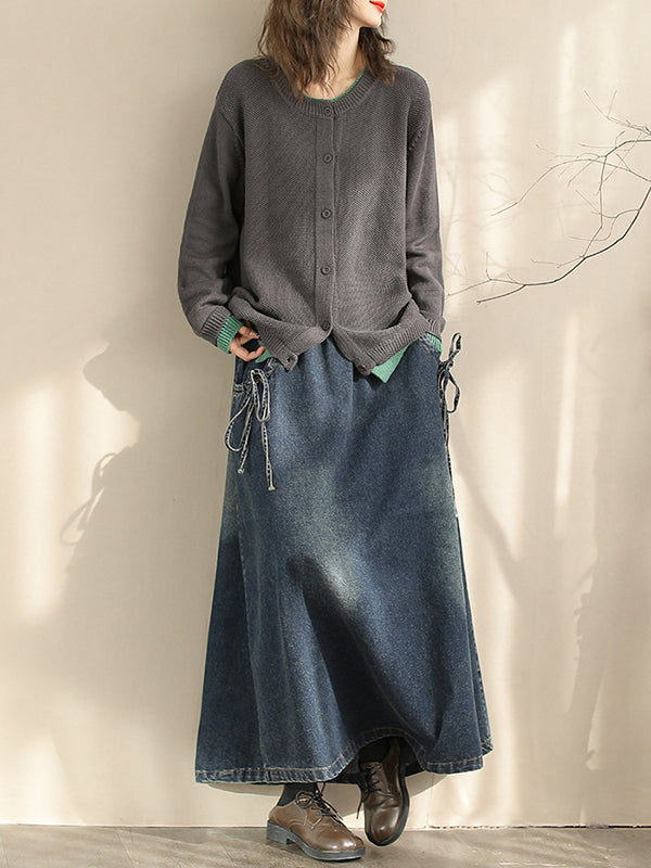 A-Line Loose Elasticity Pockets Tied Skirts Bottoms