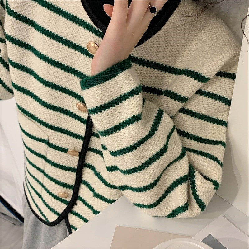 Fashion Retro Striped Cardigan Sweater Coat