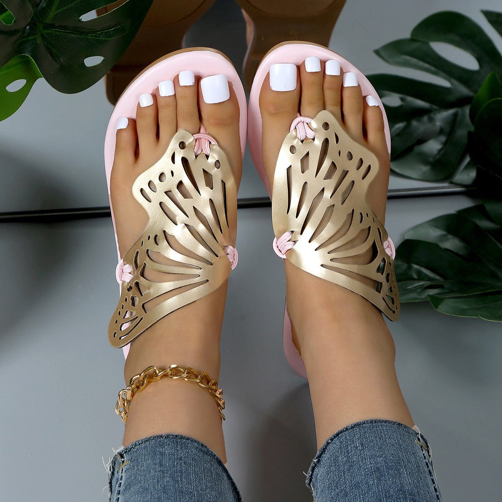 Women's Butterfly Cutout Flat Sandals | PU Open-Toe Slide Slippers
