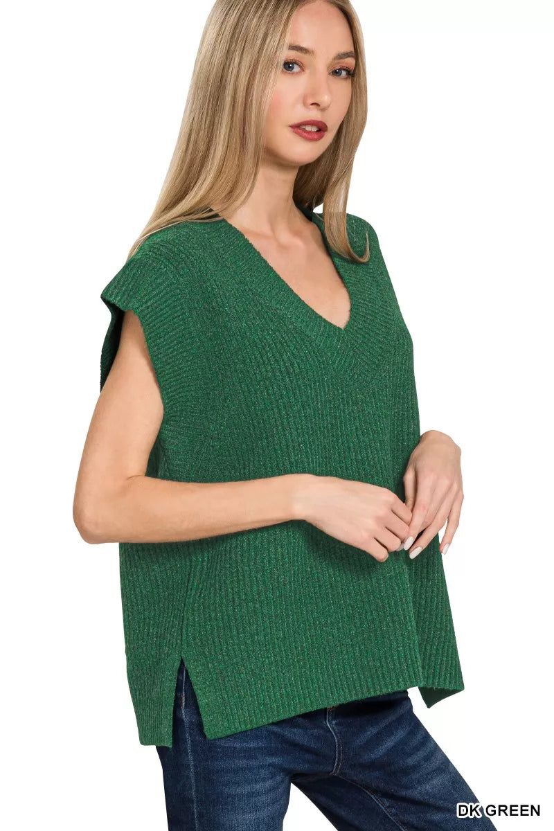 Ribbed Slit V-Neck Sweater Vest