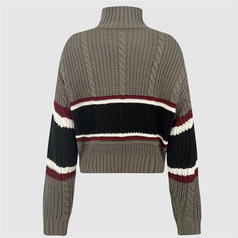 Half Zip, Half High Neck Sweater With Contrasting Colors