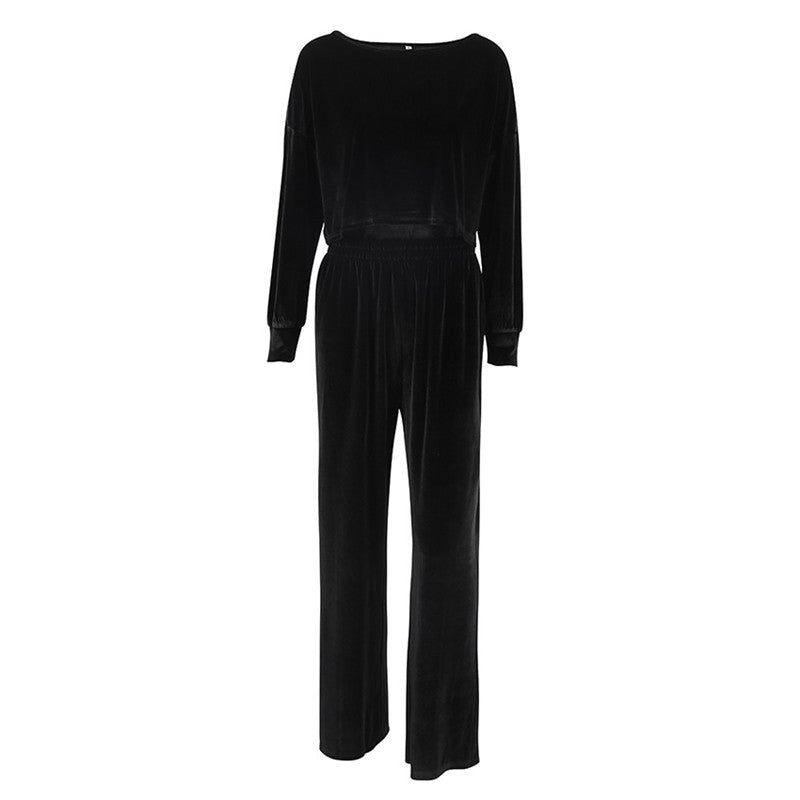 Velour Lounge Set: Solid Color Long Sleeve Crewneck Top and Pants