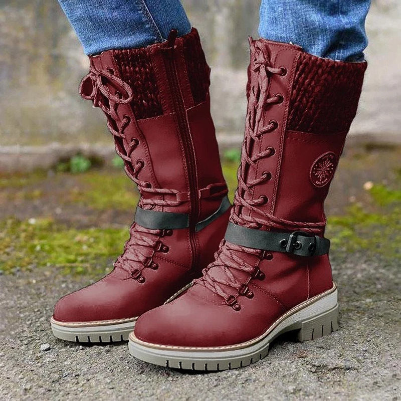 Women's Round-Toe Square-Heel Buckle Boots | Knit-Mesh Dr Martens-Style Ankle Boots