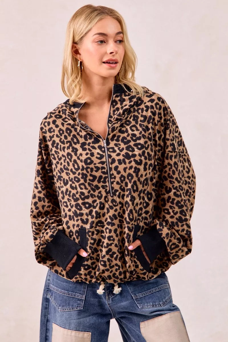 Leopard Print Waffle Half Zip Up Hoodie W Pocket