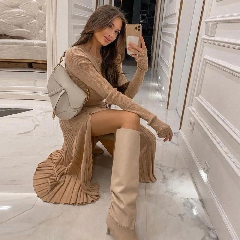 Elaine Beige Cropped Sweater & Midi Skirt Set