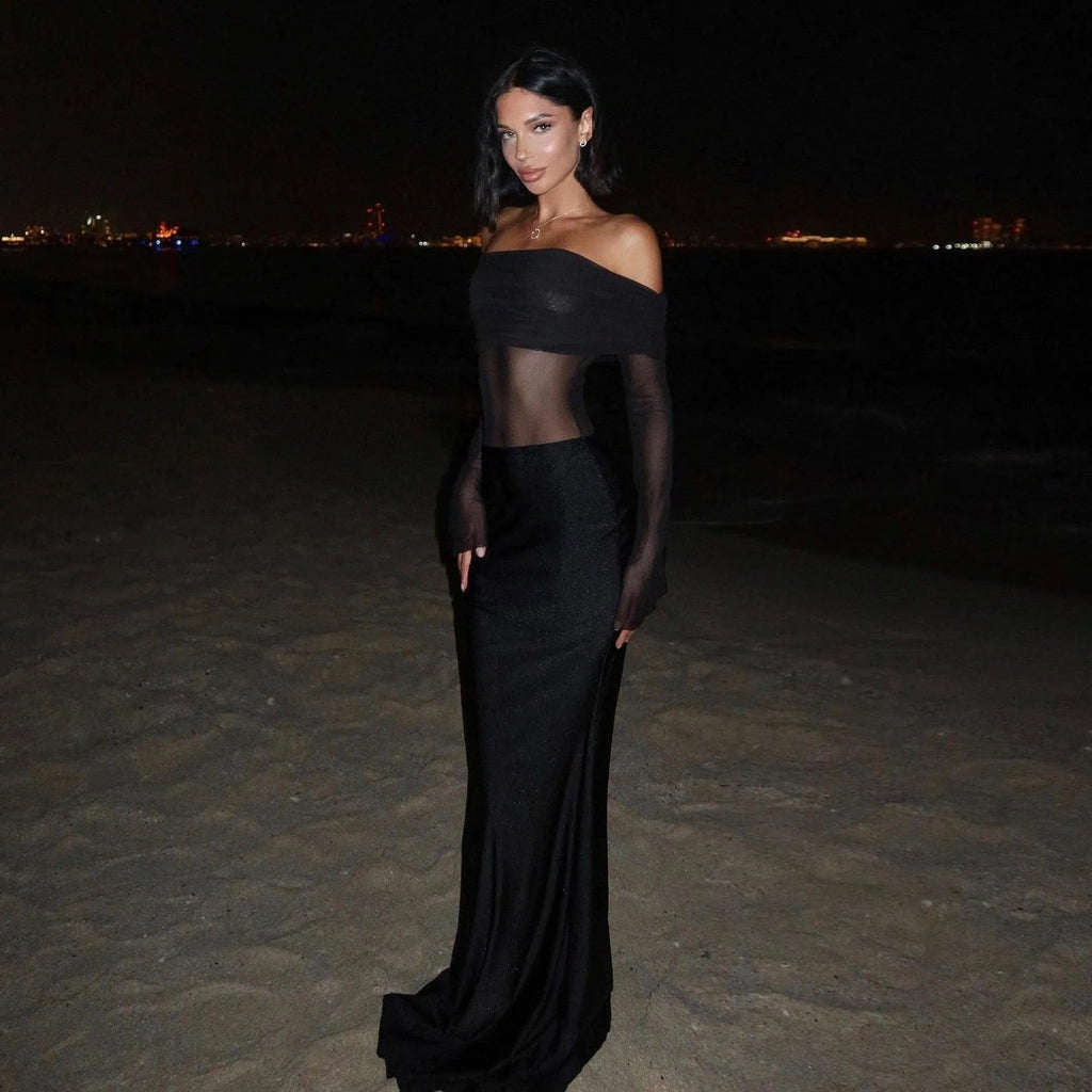 Elise Mesh Off Shoulder Maxi Dress