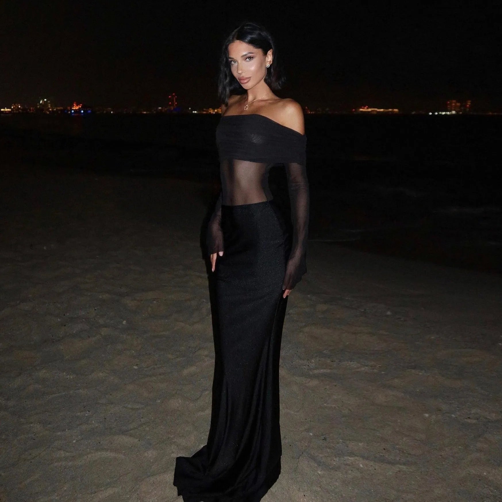 Elise Mesh Off Shoulder Maxi Dress