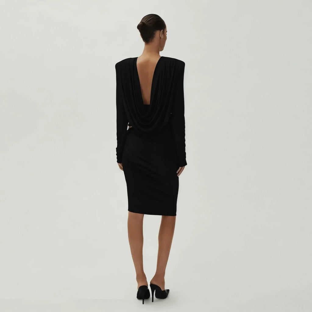 Esme Draped Neck Padded Shoulder Black Blouse