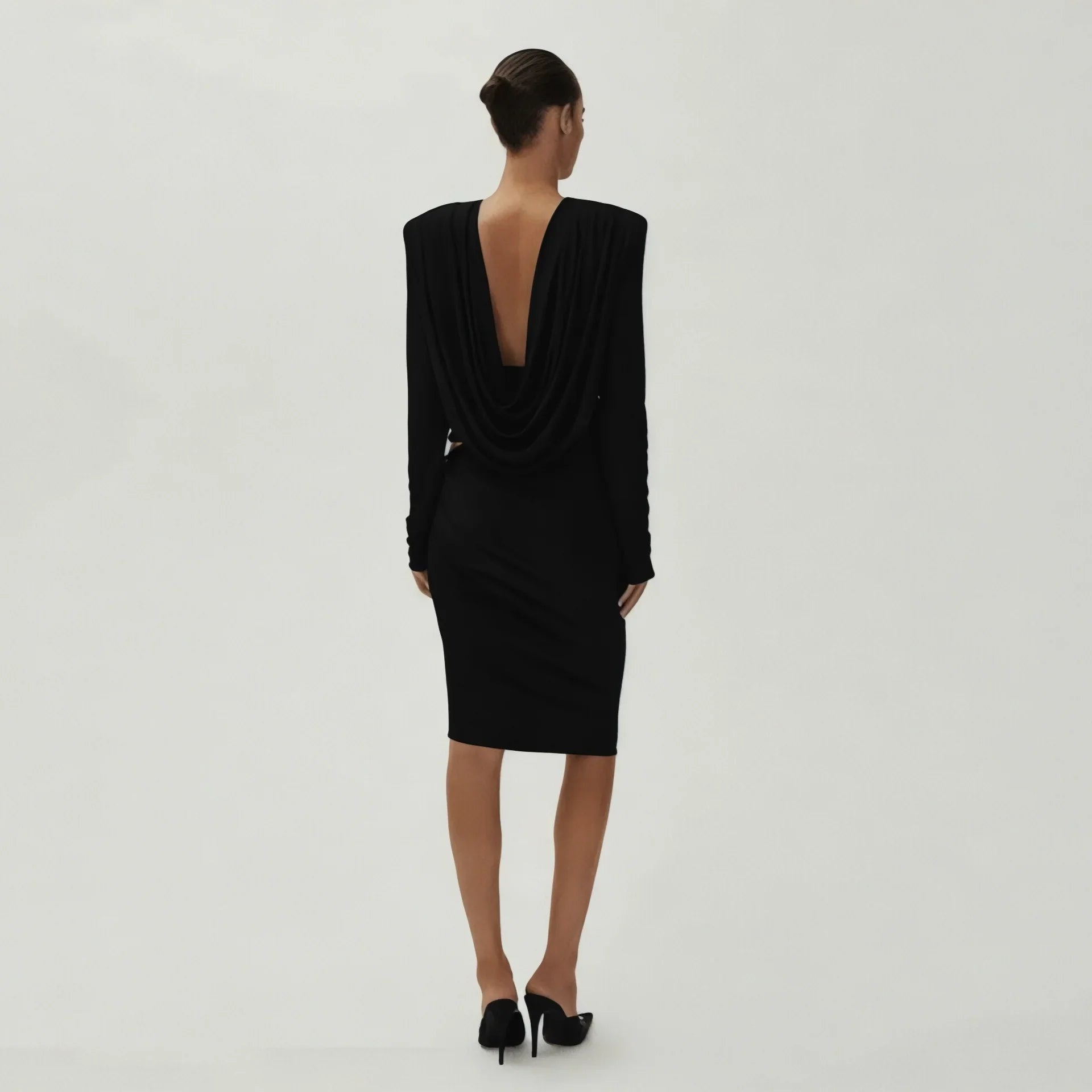 Esme Draped Neck Padded Shoulder Black Blouse