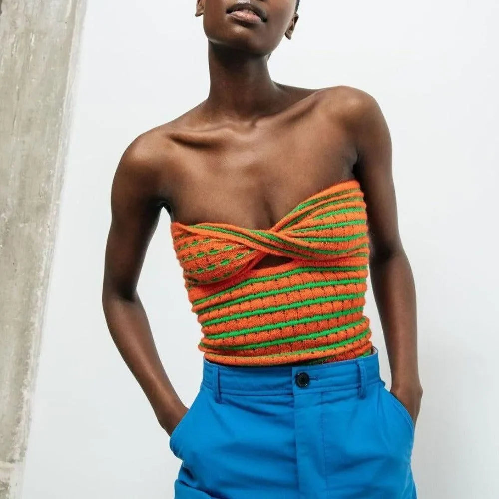 Euro Striped Orange Cutout Knitted Crop Top
