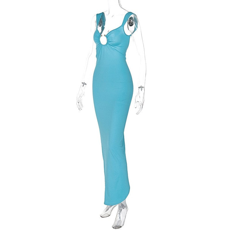 Solid Color V-Neck Backless Split Slim Fit Dress