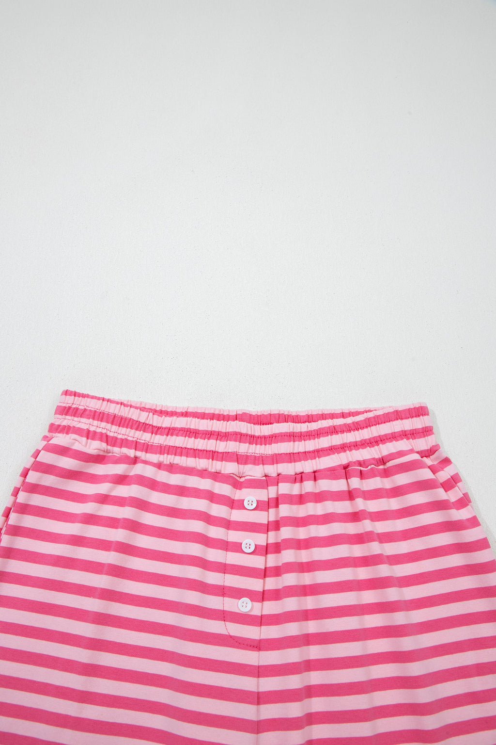 Rose Stripe Drop Shoulder Round Neck Top and Buttoned Straight Pants Two Piece Set