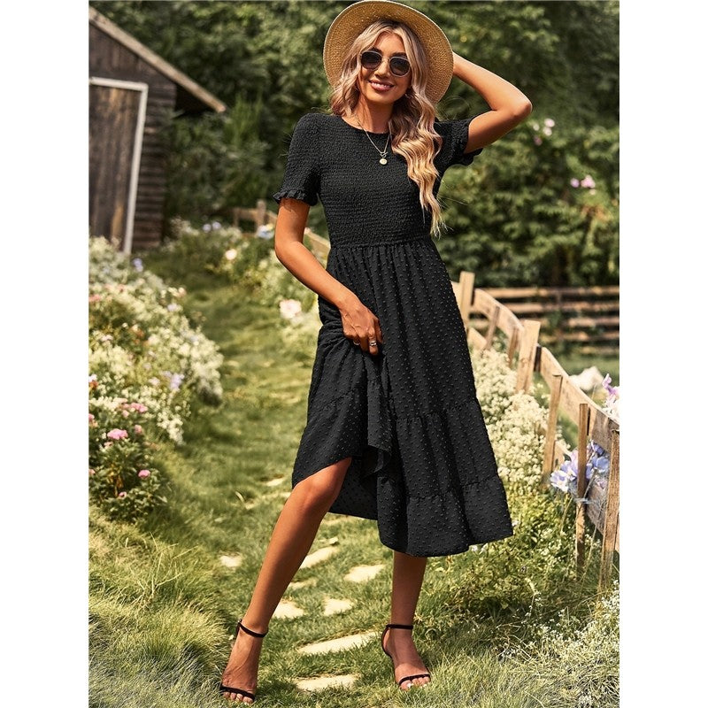 Solid Color Short Sleeve Round Neck Midi Dress for Women