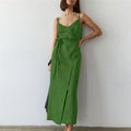 V-Neck Sleeveless Belted Dress in Solid Color - Slim Fit
