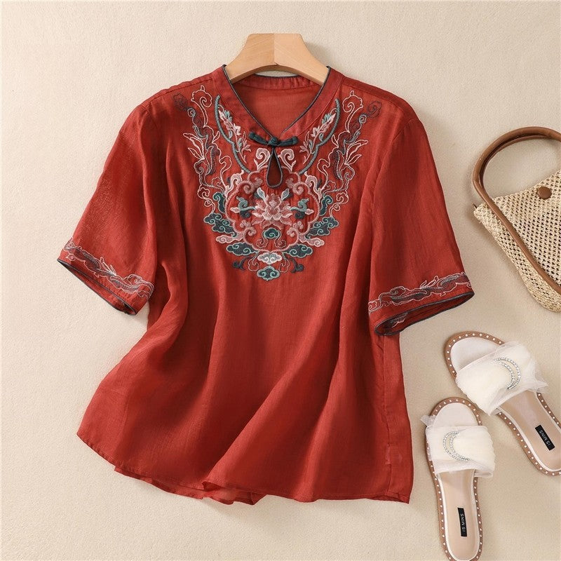 Embroidered Buttonholes Loose Fit Short Sleeve Shirt