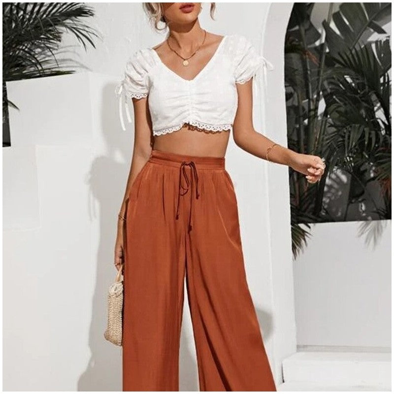Elevated Solid Color High-Waisted Tie-Up Wide-Leg Trousers